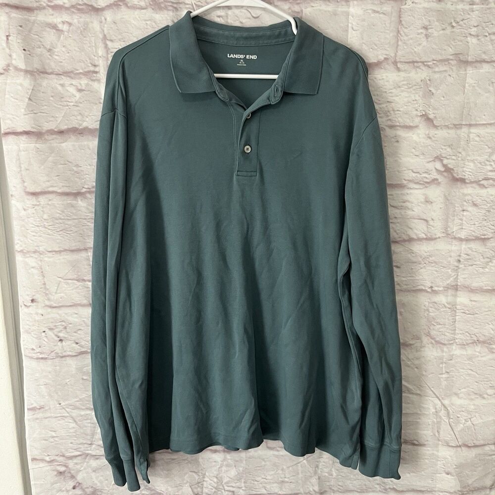 Lands’ End Men’s Traditional Fit Long Sleeve Polo Shirt Green XL